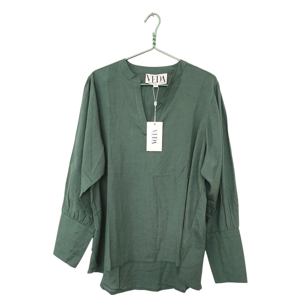 ⭐️ VEDA Womenswear Green Viscose Split Neck Blouse Size M Boho Lagenlpol